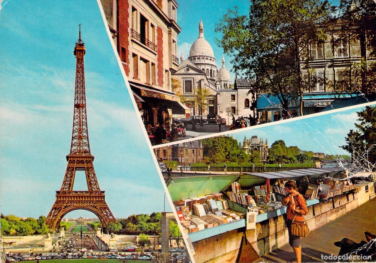 Cartes Postales: Postal de Par&iacute;s, Torre Eiffel, Sacr&eacute;-C&oelig;ur y Bouquinistes del R&iacute;o Sena, Francia