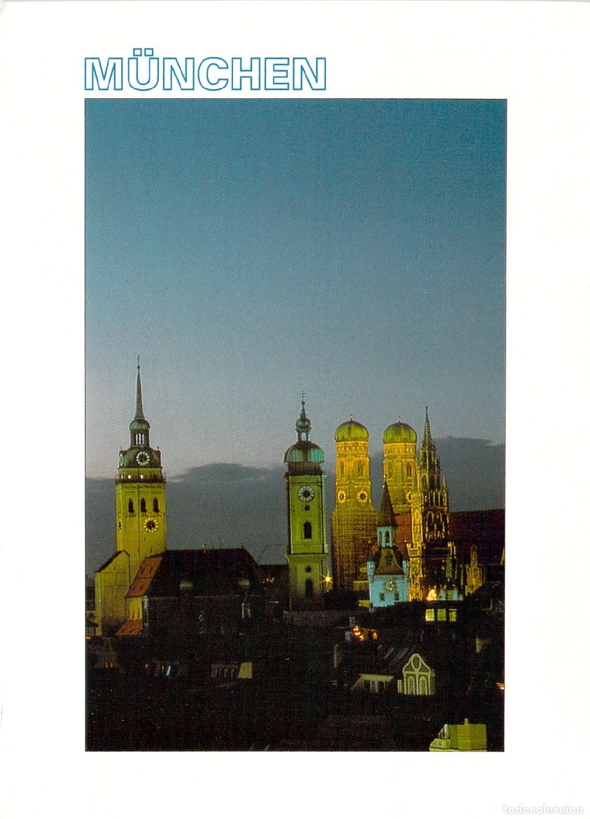 Cartes Postales: Postal M&uuml;nchen Alemania, Vista Nocturna de la Ciudad y Torres Iluminadas