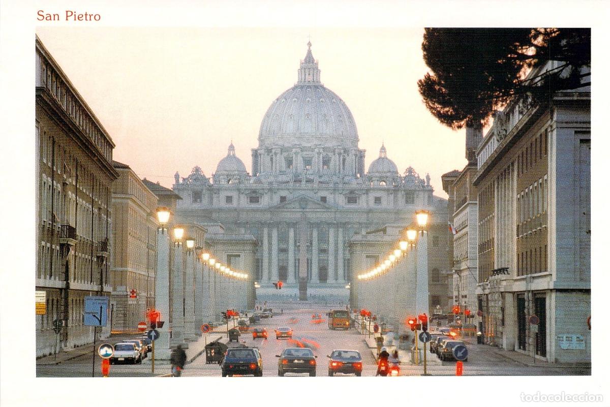 Cartes Postales: Postal Roma: Bas&iacute;lica de San Pedro al Atardecer, Escena callejera, Italia.