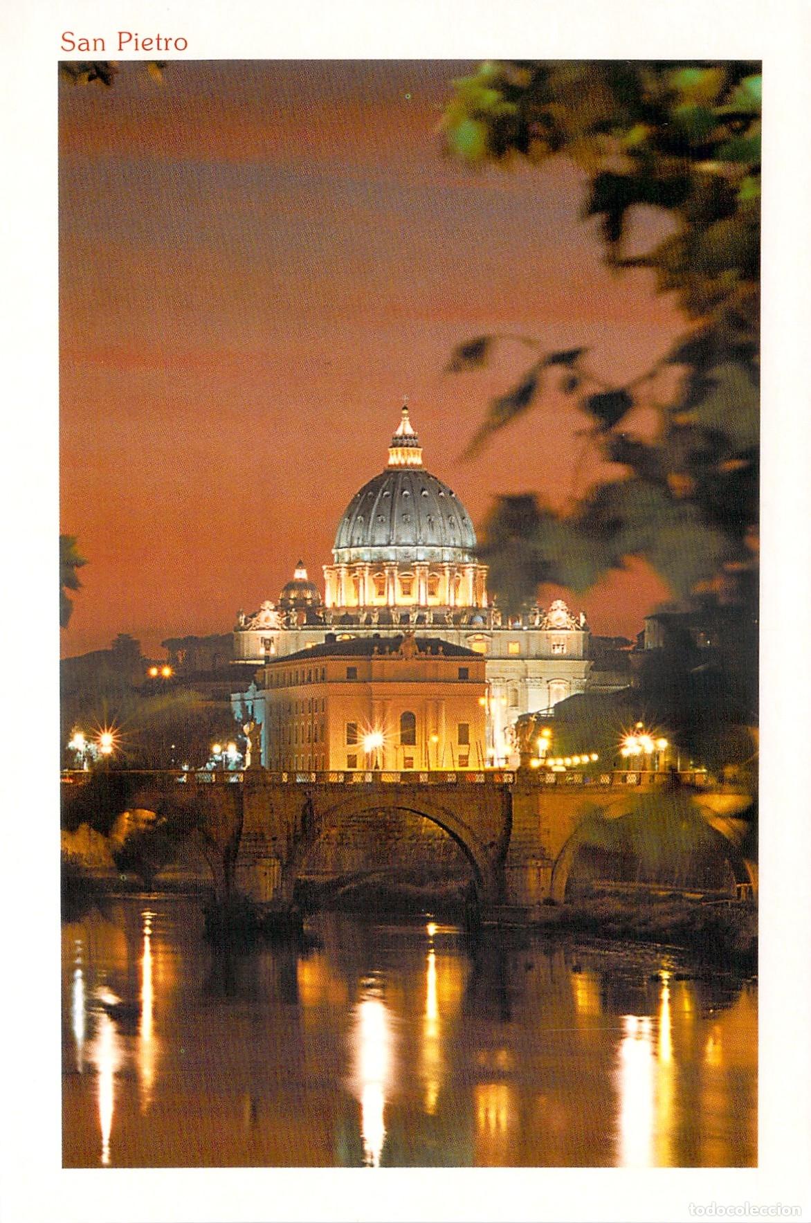 Cartes Postales: Postal de Roma: Bas&iacute;lica de San Pedro, Vista Nocturna sobre el T&iacute;ber.