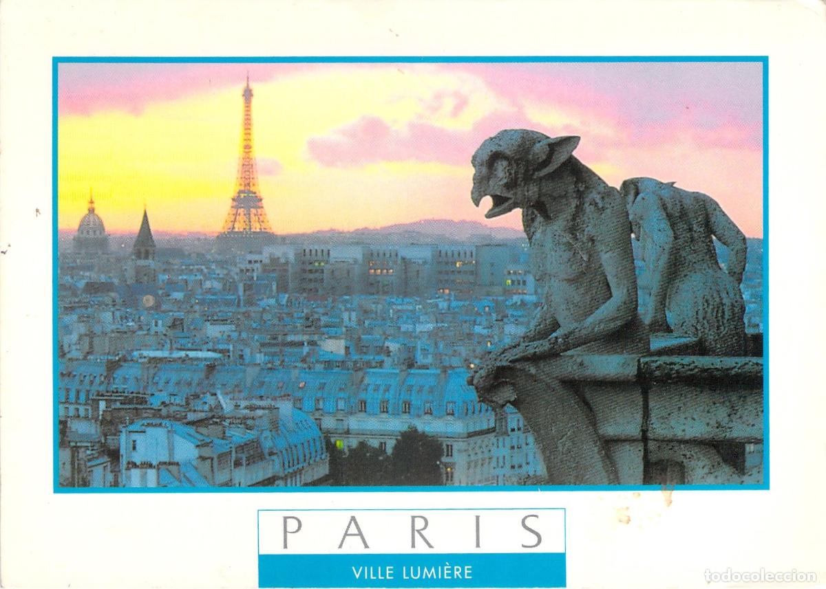 Cartes Postales: Postal de Par&iacute;s: G&aacute;rgola de Notre-Dame y Panorama Urbano al Atardecer