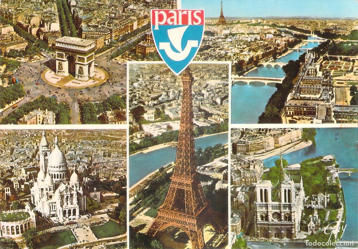 Cartes Postales: Postal de Par&iacute;s Panor&aacute;mica A&eacute;rea: Arco del Triunfo, Torre Eiffel y Notre Dame.