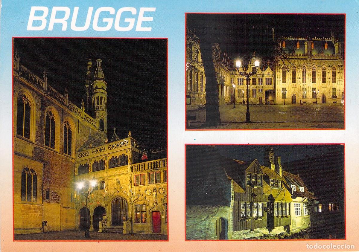 Postkarten: Postal Brujas B&eacute;lgica. Vistas Nocturnas de Arquitectura G&oacute;tica y Plaza