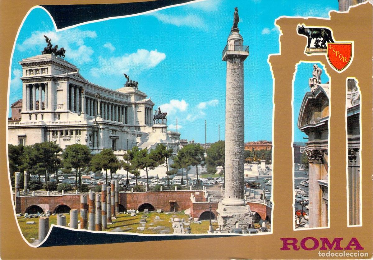 Postkarten: Postal de Roma: Monumento a Vittorio Emanuele II y Columna Trajana.