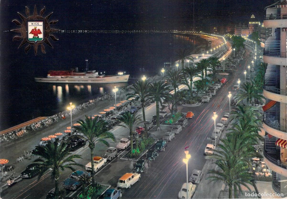 Cartes Postales: Postal Niza de Noche en la Costa Azul, Paseo Iluminado y Barco, Francia