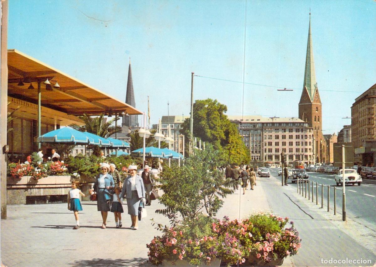Postcards: Postal Hamburgo Jungfernstieg con Alsterpavillon, Vista de Calle, Alemania