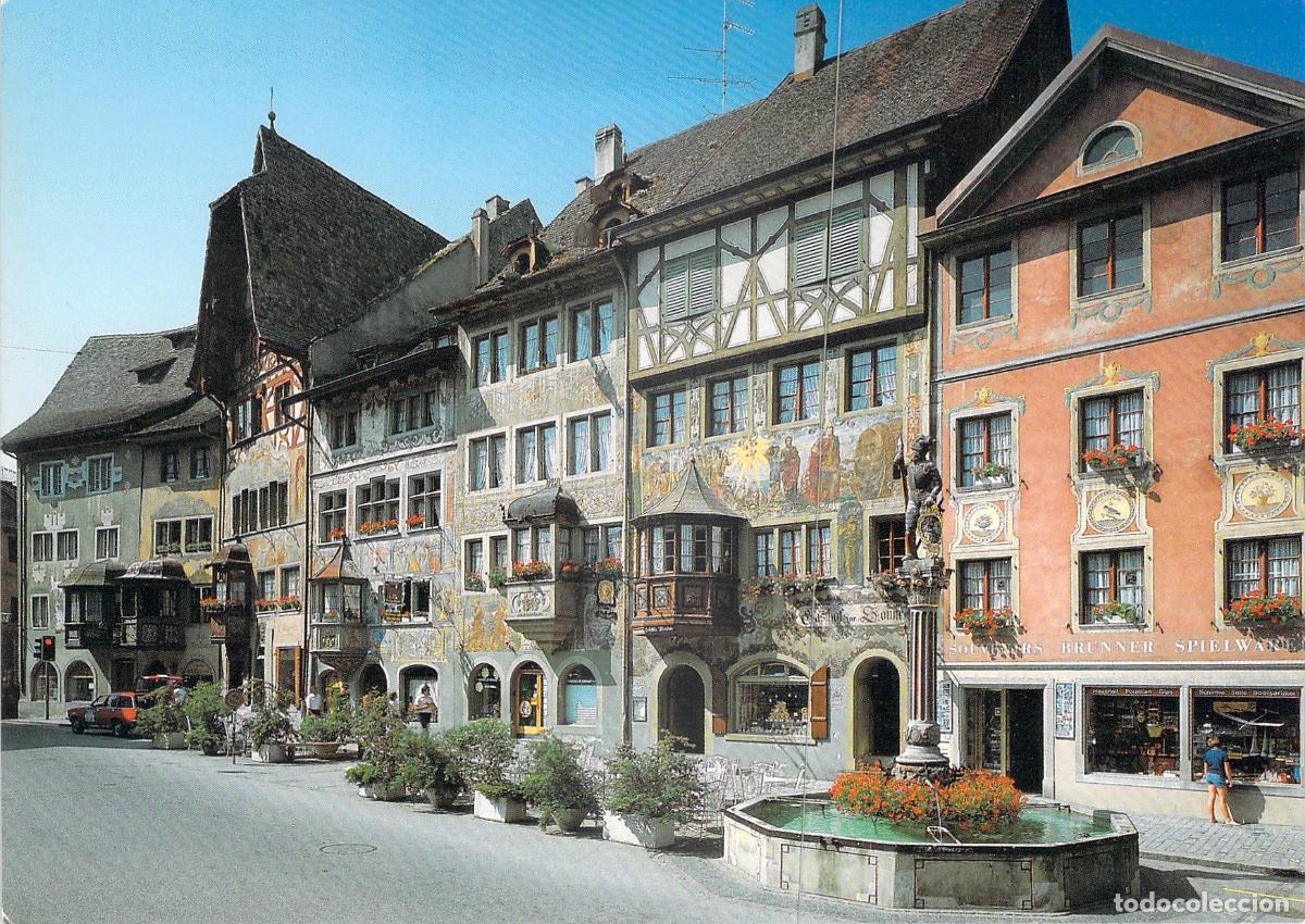 Cartoline: Postal Stein am Rhein Suiza Marktplatz Fachadas Pintadas Fuente Brunnen