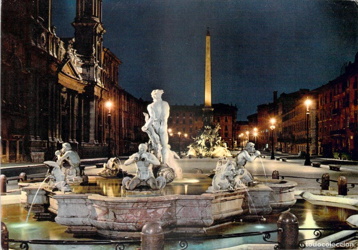 Postais: Postal Roma Italia - Piazza Navona Nocturna, Fuente del Moro y Obelisco