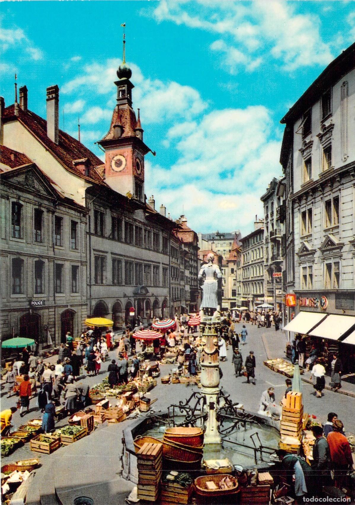 Postais: Postal Lausanne, Plaza de la Palud, Ayuntamiento y Fuente de la Justicia, Suiza