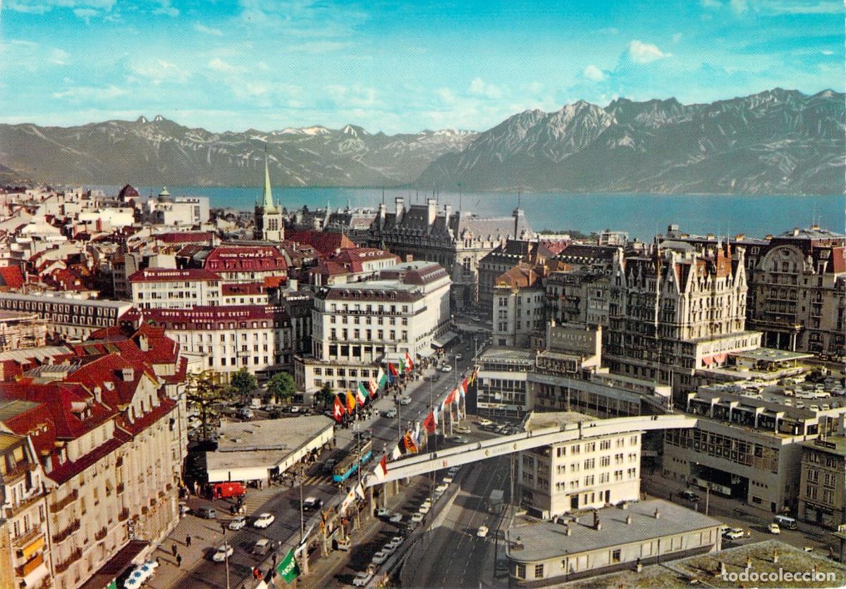 Postkarten: Postal Suiza LAUSANNE, Vista a&eacute;rea Centro y Grand Pont con monta&ntilde;as.
