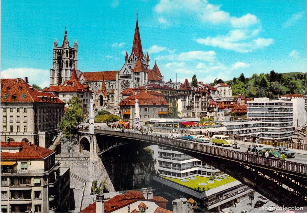 Postkarten: Postal Lausana Suiza - Catedral y Puente Bessi&egrave;res - Vista urbana croma