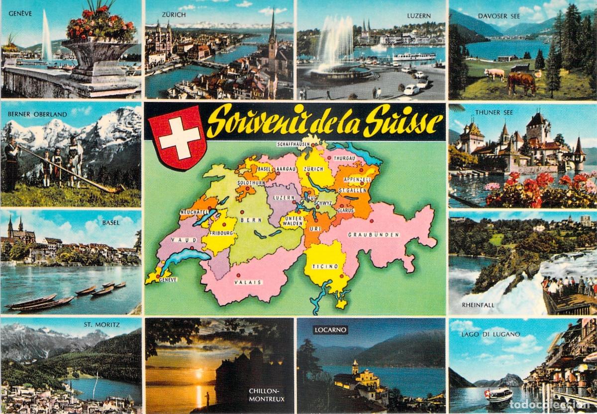 Postkarten: Postal Souvenir de Suiza - Vistas M&uacute;ltiples y Mapa de Cantones