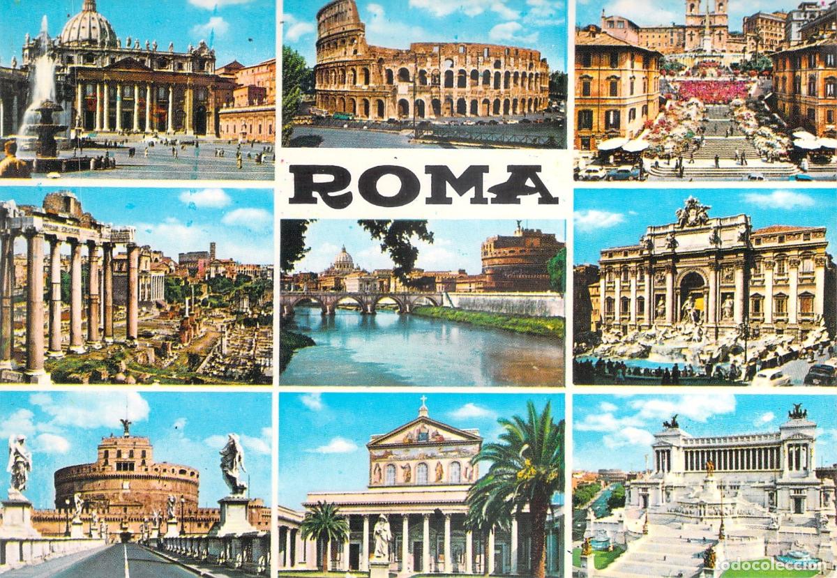 Postais: Postal de Vistas M&uacute;ltiples de Roma, Coliseo, Fontana di Trevi, Plazas.