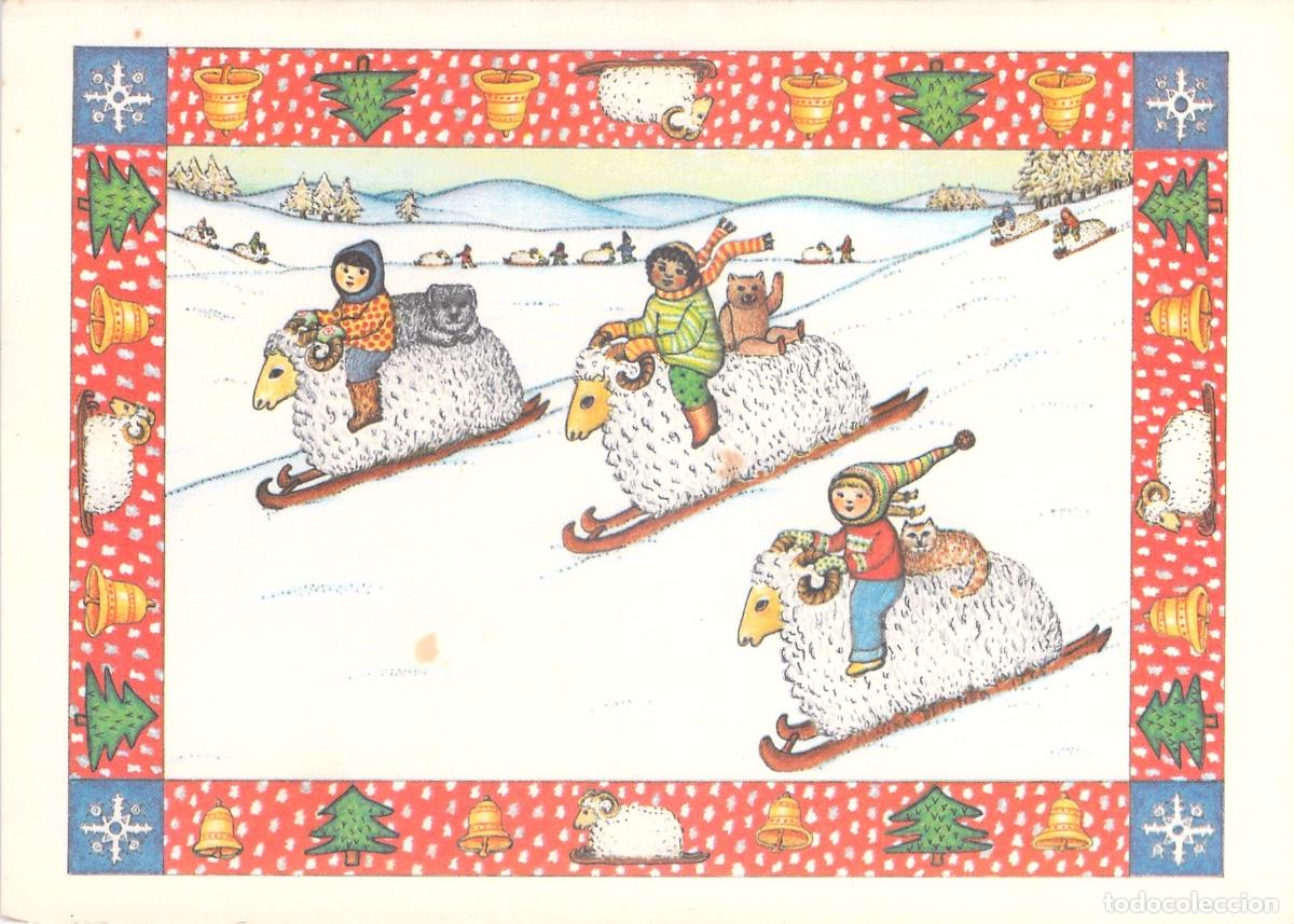 Cartoline: Postal UNICEF Ilustraci&oacute;n Ni&ntilde;os y Corderos-Trineo por Monika Beisner