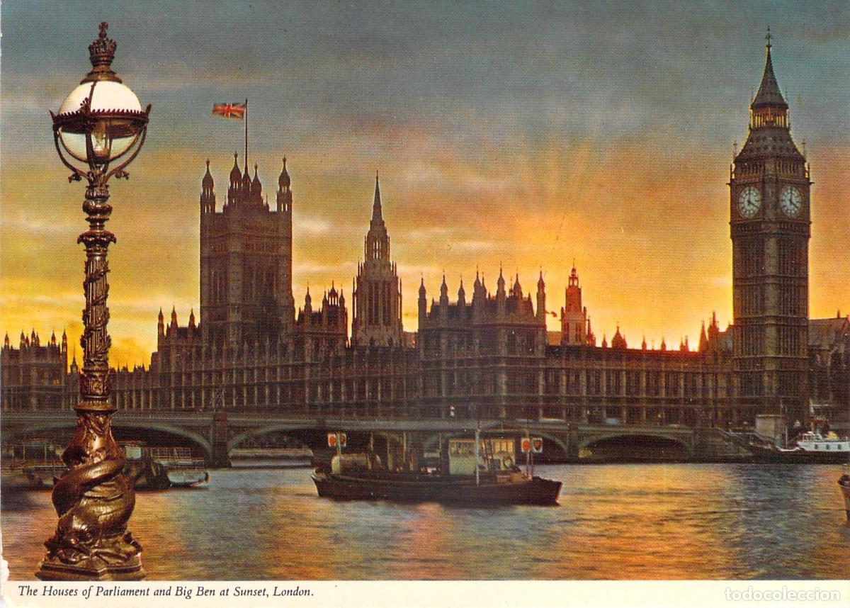 Cartes Postales: Postal Londres Atardecer, Casas del Parlamento y Big Ben, R&iacute;o T&aacute;mesis