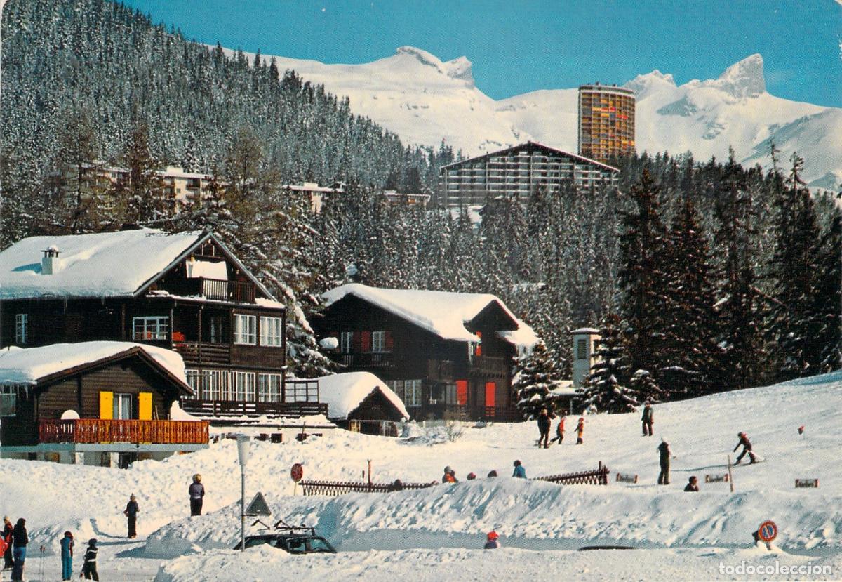 Postales: Postal Crans Montana Suiza, Campo de Esqu&iacute; y Torre Super Crans
