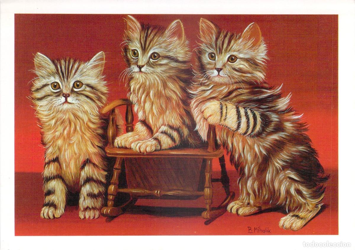 Cartoline: Postal Arte Gatos &rdquo;Tres Gatitos J&oacute;venes&rdquo; B. Mihalik, Ilustraci&oacute;n de Mascotas