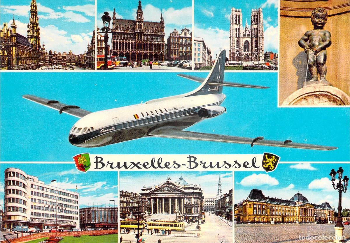 Cartoline: Postal Bruselas B&eacute;lgica A&ntilde;os 60 Collage Vistas Caravelle Sabena