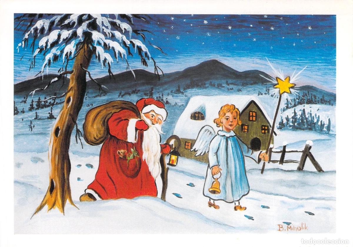 Cartoline: Postal de Navidad: Pap&aacute; Noel y &Aacute;ngel en la Nieve (Obra de B. Mihalik)