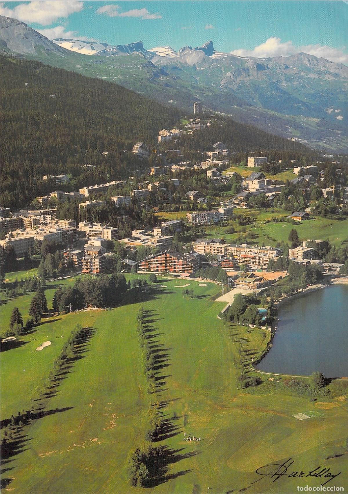 Cartoline: Postal Crans-Montana Suiza, Vista A&eacute;rea del Pueblo y Campo de Golf Alpino