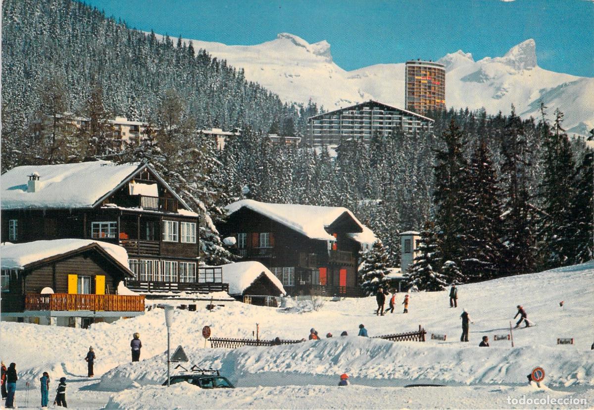 Postales: Postal Crans Montana Suiza, Pista de Esqu&iacute; y Torre Super Crans, Alpes