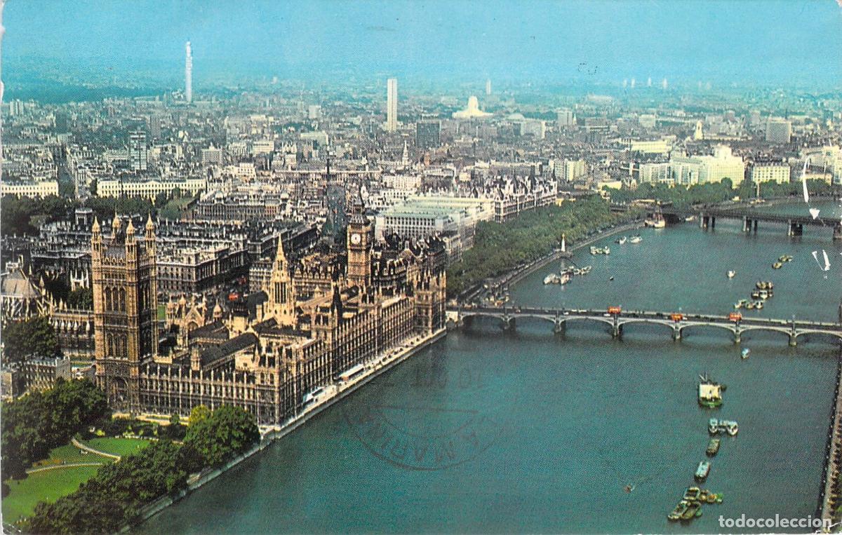 Cartoline: Postal Londres Vista A&eacute;rea del R&iacute;o T&aacute;mesis y Casas del Parlamento
