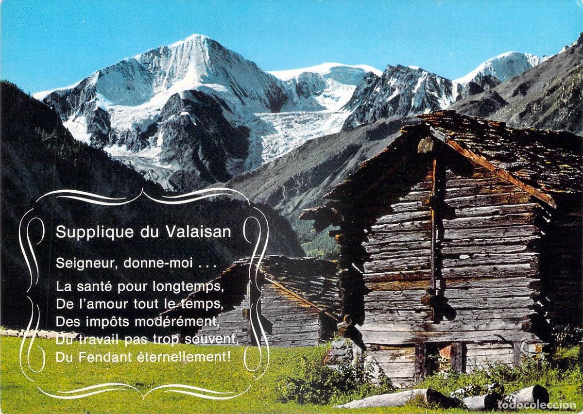 Postais: Postal Martigny Valais Suiza, Caba&ntilde;a Alpina con Monta&ntilde;as y S&uacute;plica Humor&iacute;stica