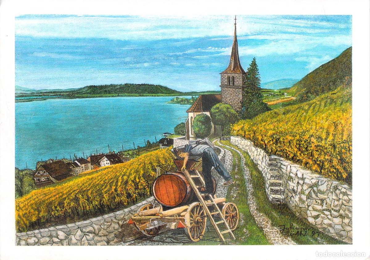 Postkarten: Postal de Arte Suiza: Vendimia en Vi&ntilde;edo, Humor y Paisaje del Lago Zurich