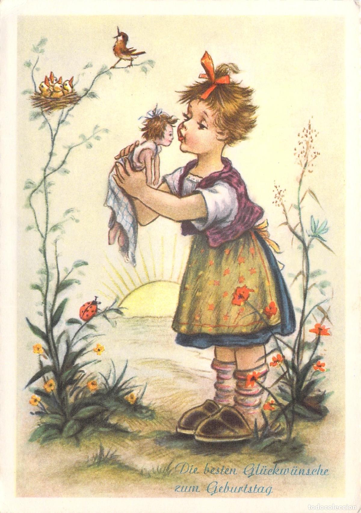 Postkarten: Postal Ilustrada Ni&ntilde;a Besando Mu&ntilde;eca Naturaleza Cumplea&ntilde;os Estilo Alem&aacute;n