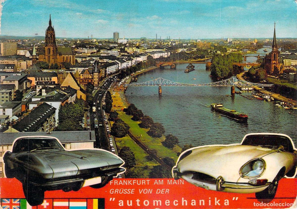 Cartoline: Postal de Frankfurt am Main: Panorama Urbano, R&iacute;o Meno y Coches Deportivos