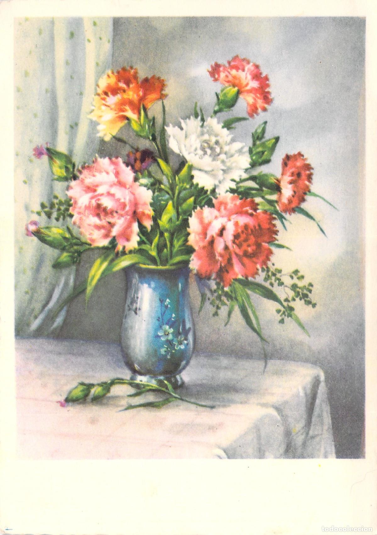 Cartoline: Postal Claveles en Jarr&oacute;n Azul - Naturaleza Muerta, Decorativa, Ilustraci&oacute;n Floral