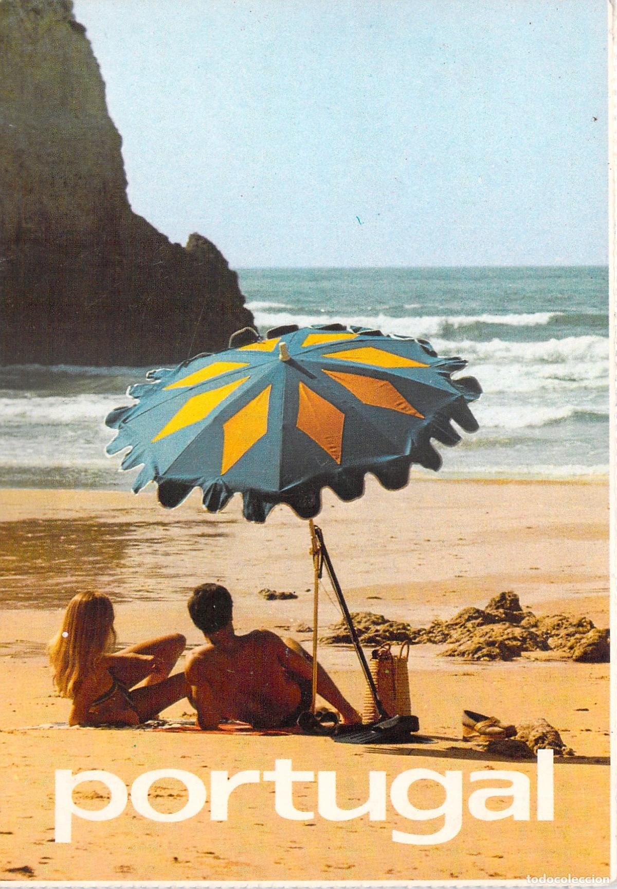Cartoline: Postal de Portugal Playa Pareja Sombrilla Consejos de Seguridad Tur&iacute;stica