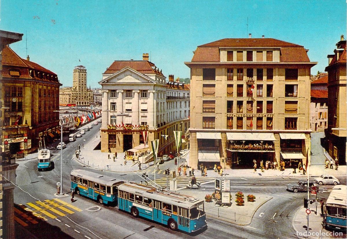 Cartoline: Postal Lausanne: Place St. Fran&ccedil;ois y la Tour Bel-Air, Trolebuses, Suiza