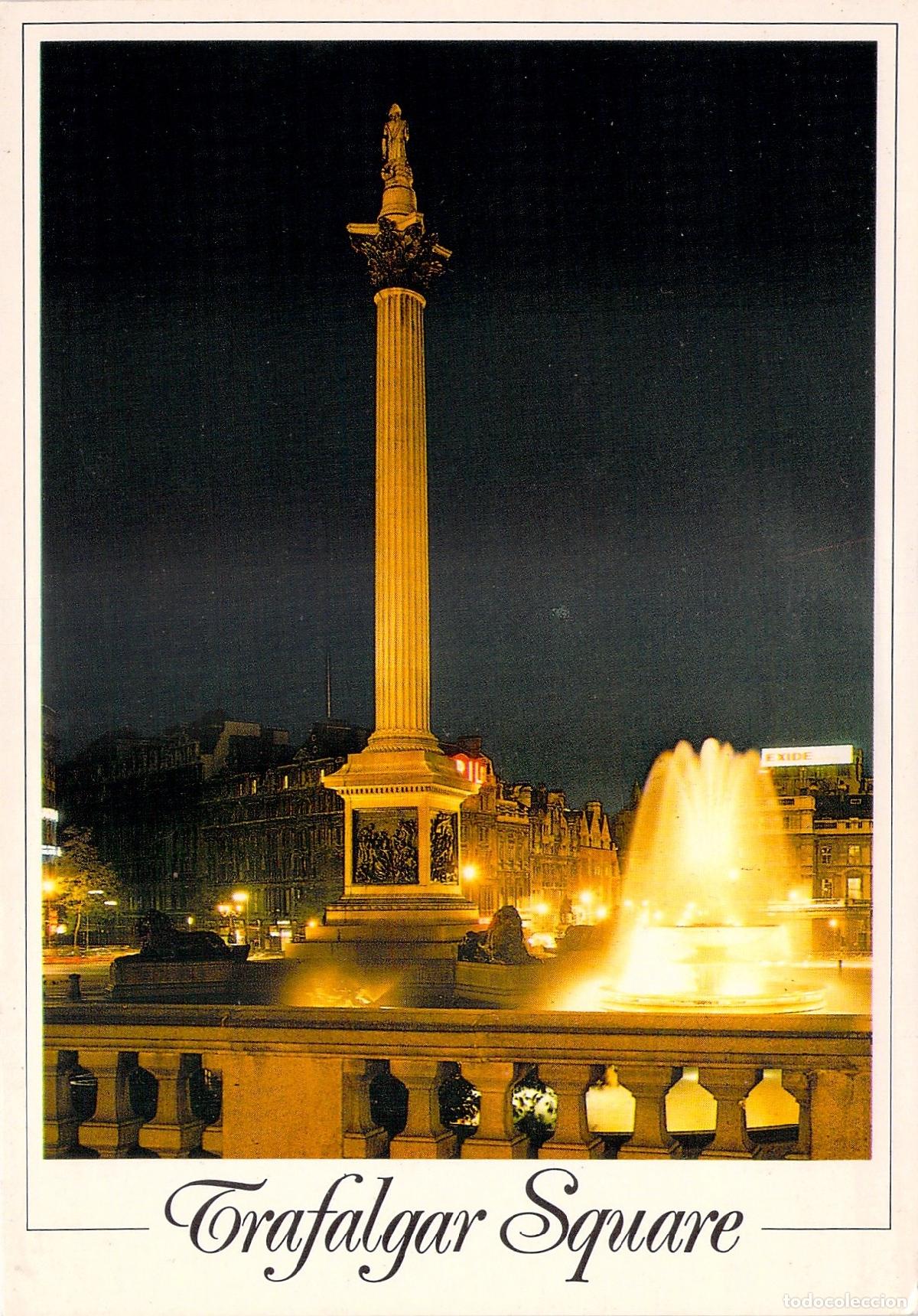 Cartes Postales: Postal Londres Trafalgar Square Noche, Columna de Nelson y Fuente