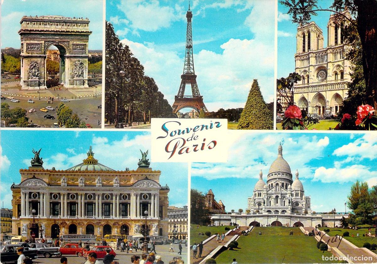 Postais: Postal Multi-vista Souvenir de Par&iacute;s: Arco del Triunfo, Torre Eiffel y Notre Dame