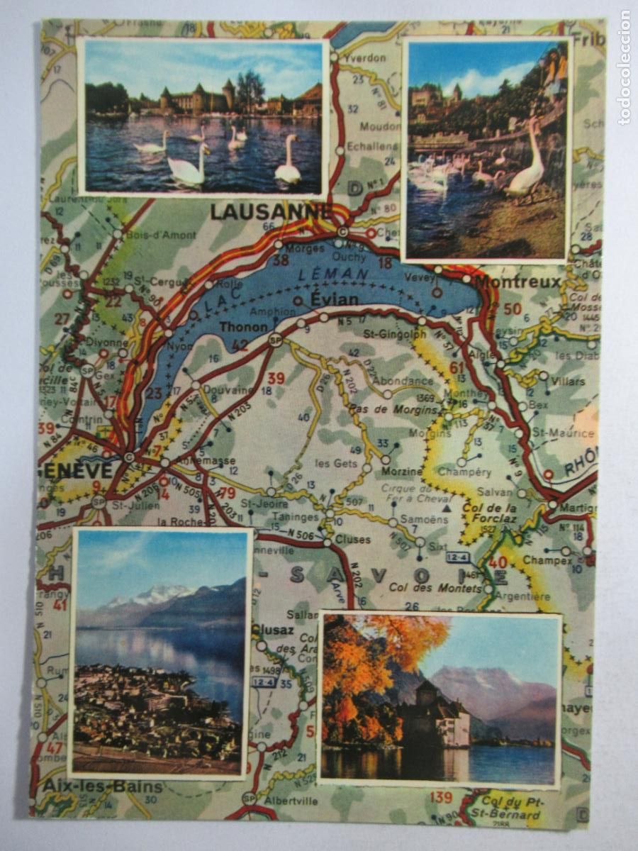 Postales: Carte du Lac Leman avec vues de Morges Nyon-Veve et Chateau de Chillon - S/C