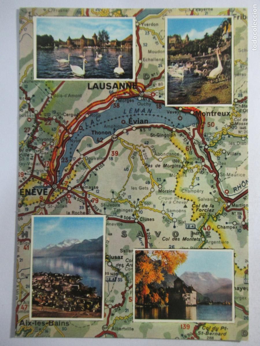 Postales: Carte du Lac Leman avec vues de Morges Nyon-Veve et Chateau de Chillon - S/C