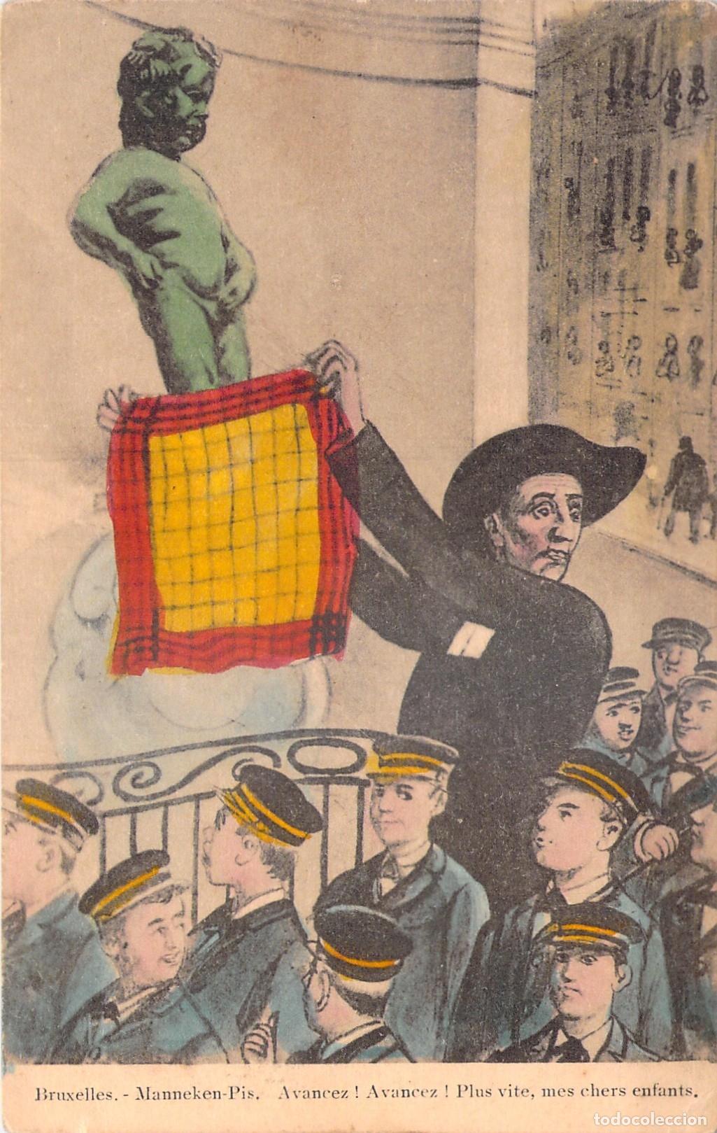 Postales: Postal de Bruselas: Estatua Manneken Pis e Ilustraci&oacute;n Humor&iacute;stica