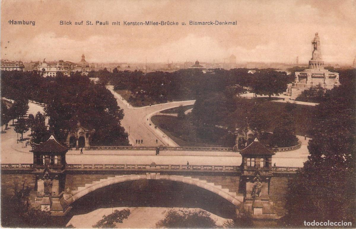 Postcards: Postal de Hamburgo: Puente Kersten-Miles y Monumento a Bismarck