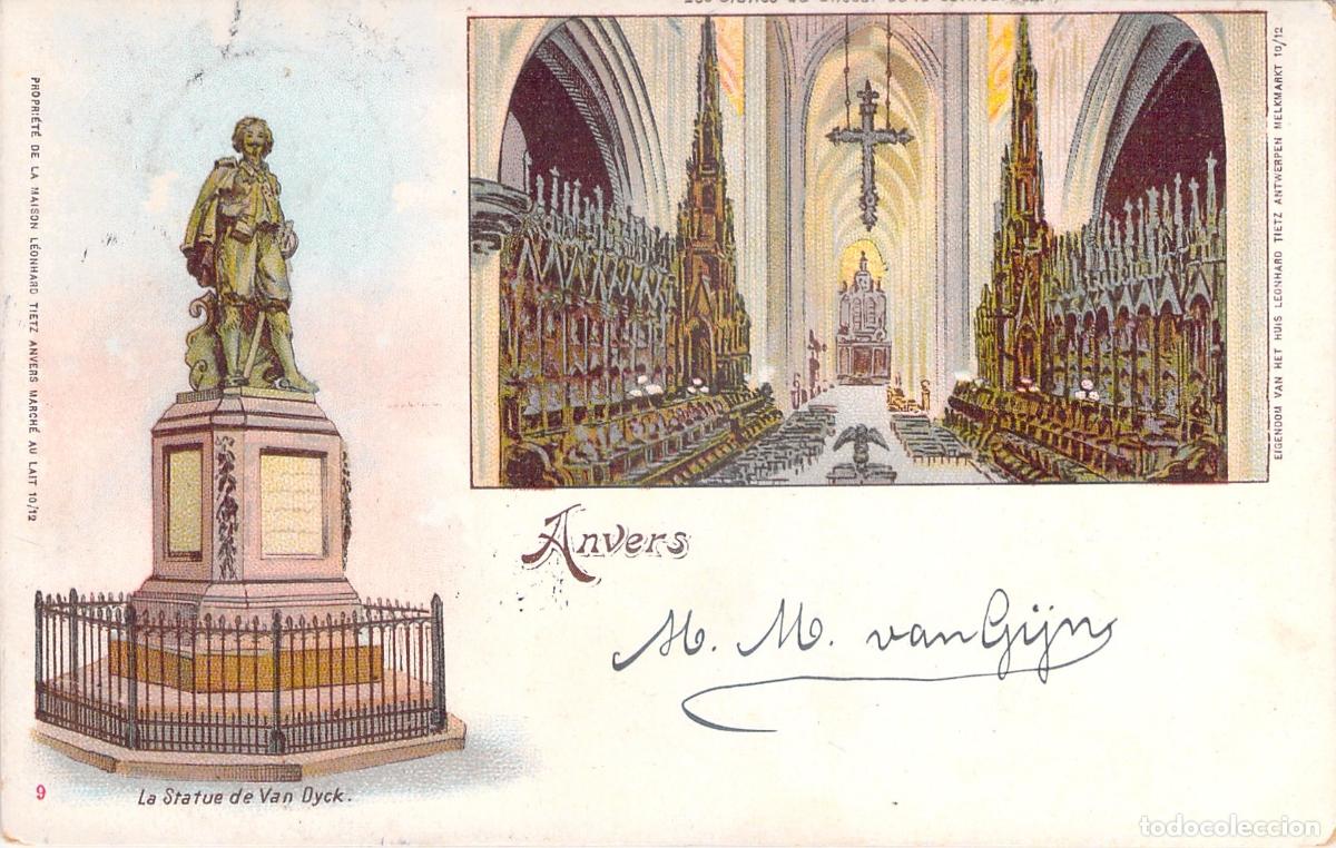 Postales: Postal de Amberes con Estatua de Van Dyck e Interior de Catedral