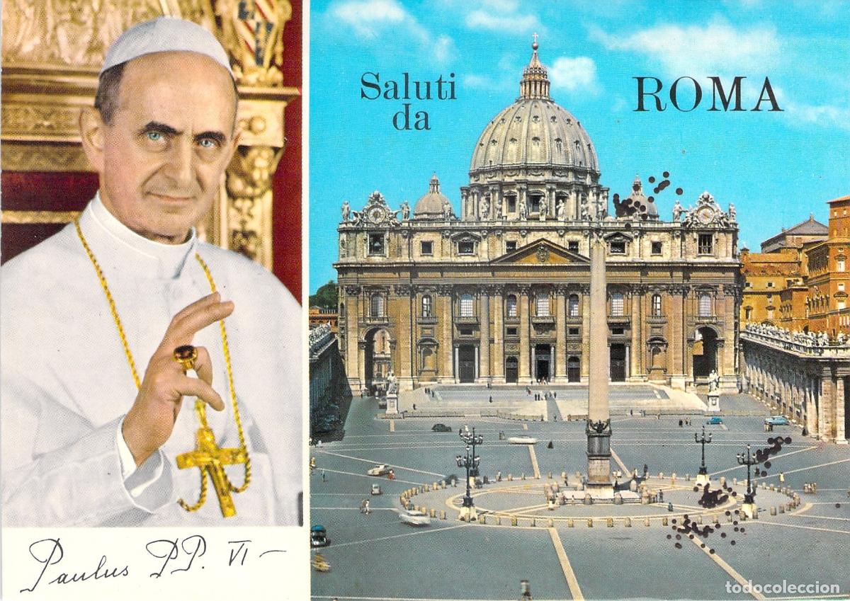 Cartoline: Postal de Roma con el Papa Pablo VI y la Bas&iacute;lica de San Pedro