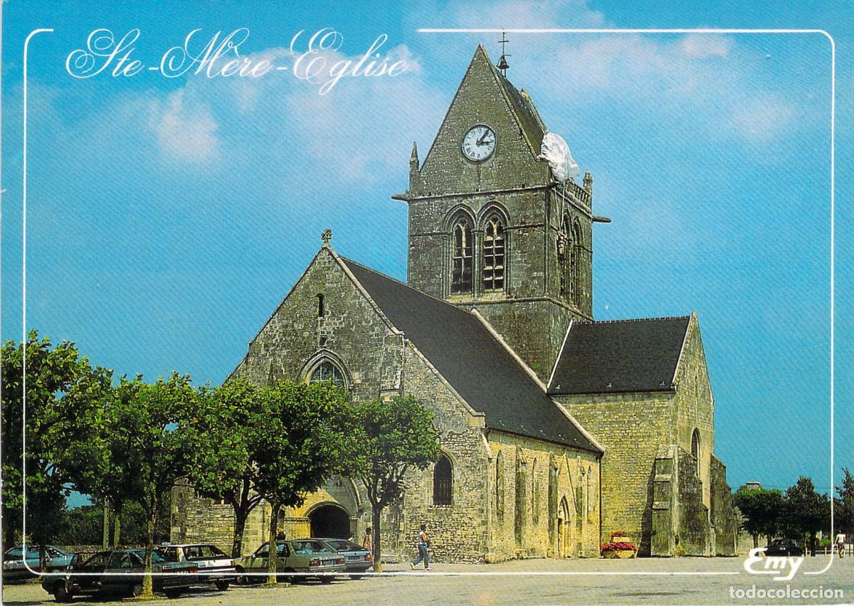Postales: Postal de Sainte-M&egrave;re-&Eacute;glise e Iglesia con Paracaidista John Steele