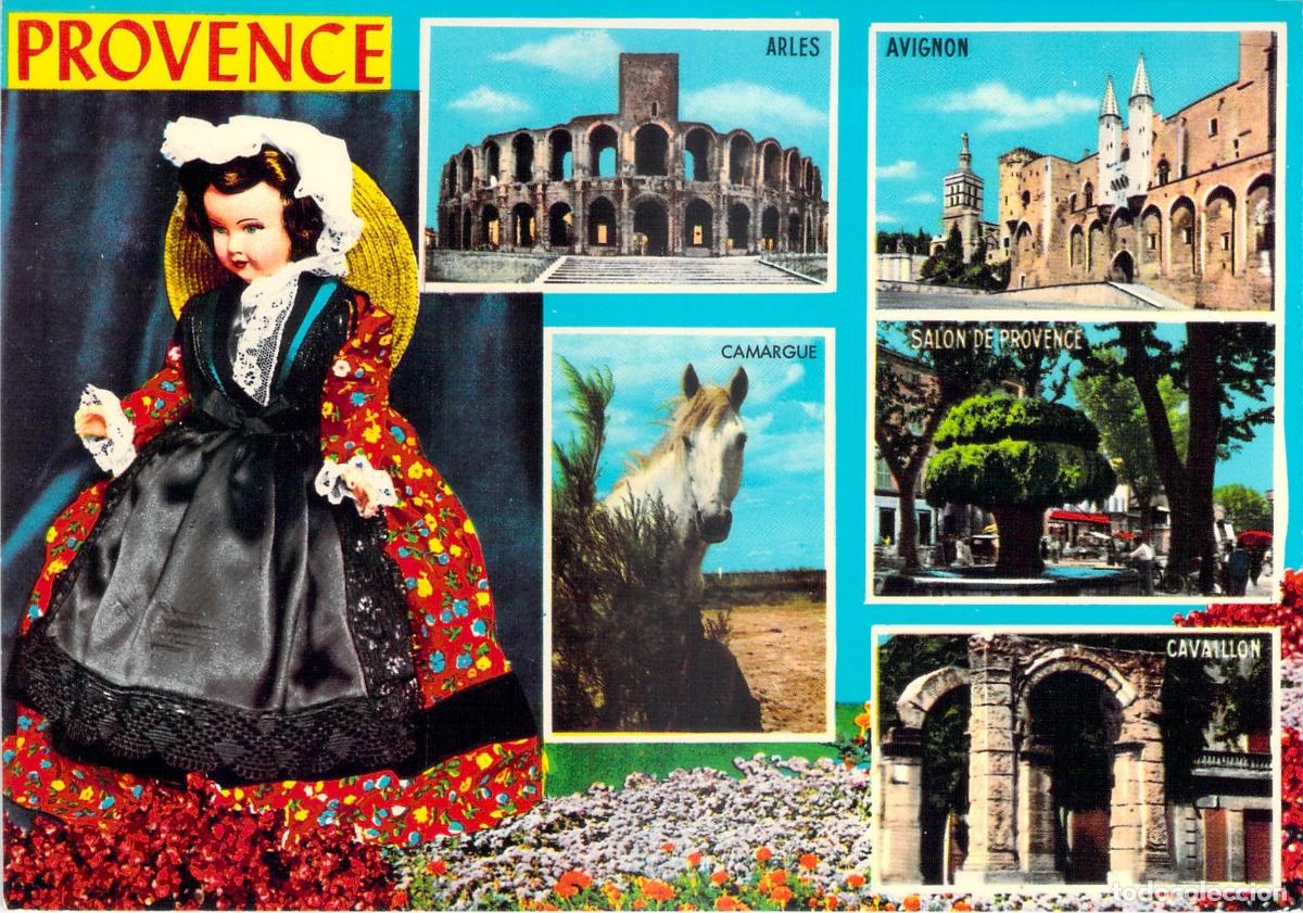 Postkarten: Postal Souvenir de la Provence con Traje T&iacute;pico y Vistas Regionales