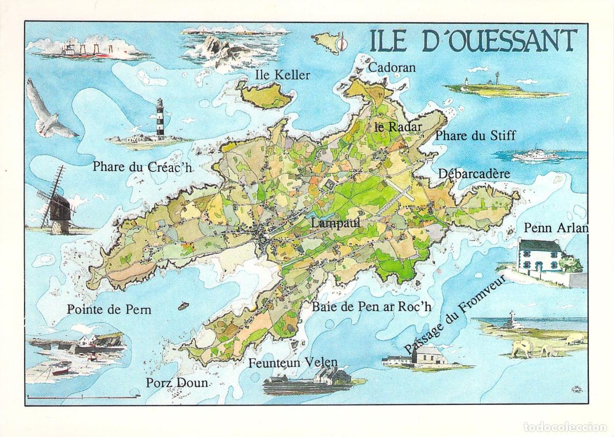 Cartes Postales: Postal Mapa Ilustrado de la Isla de Ouessant Breta&ntilde;a