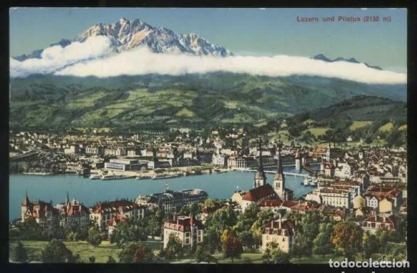 Cartoline: Suiza. LU. *Luzern und Pilatus...* Circulada 1954, rodillo *Osterpost...*