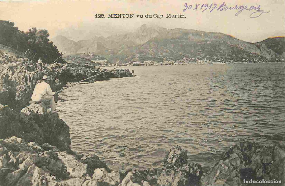 Cartes Postales: Carte Postale Ancienne - 06 - Menton - Vu du Cap Martin - Anim&eacute;e - Pecheur &agrave; la ligne - CPA - Voyag&eacute;