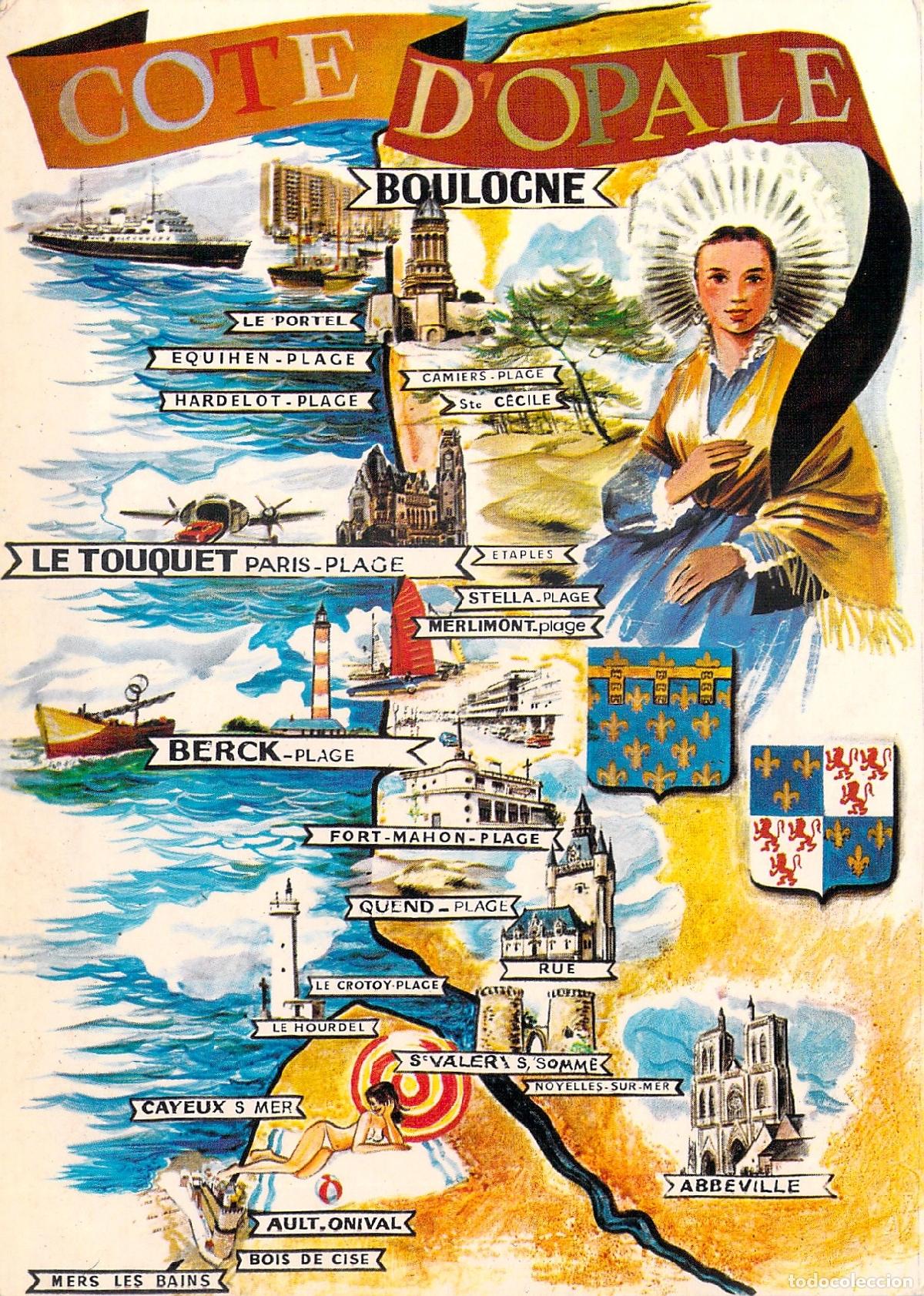 Postales: Postal de la Costa de Opalo Francia Mapa Ilustrado de Boulogne y Le Touquet