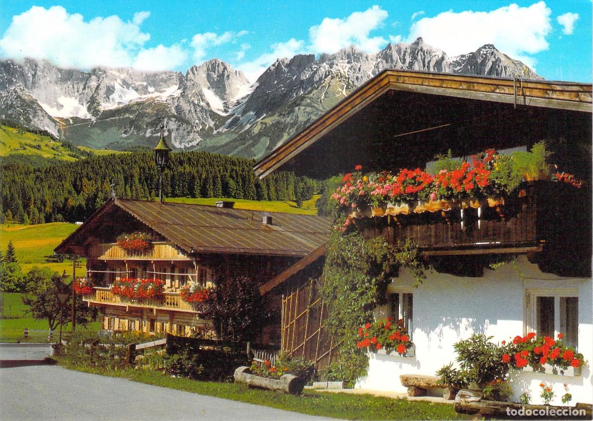Postales: Postal de Casas Tradicionales en el Tirol con Flores y Monta&ntilde;as