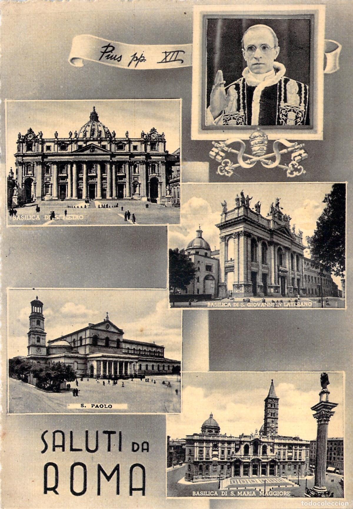 Postcards: Postal de Saludos de Roma con Papa P&iacute;o XII y Bas&iacute;licas Mayores
