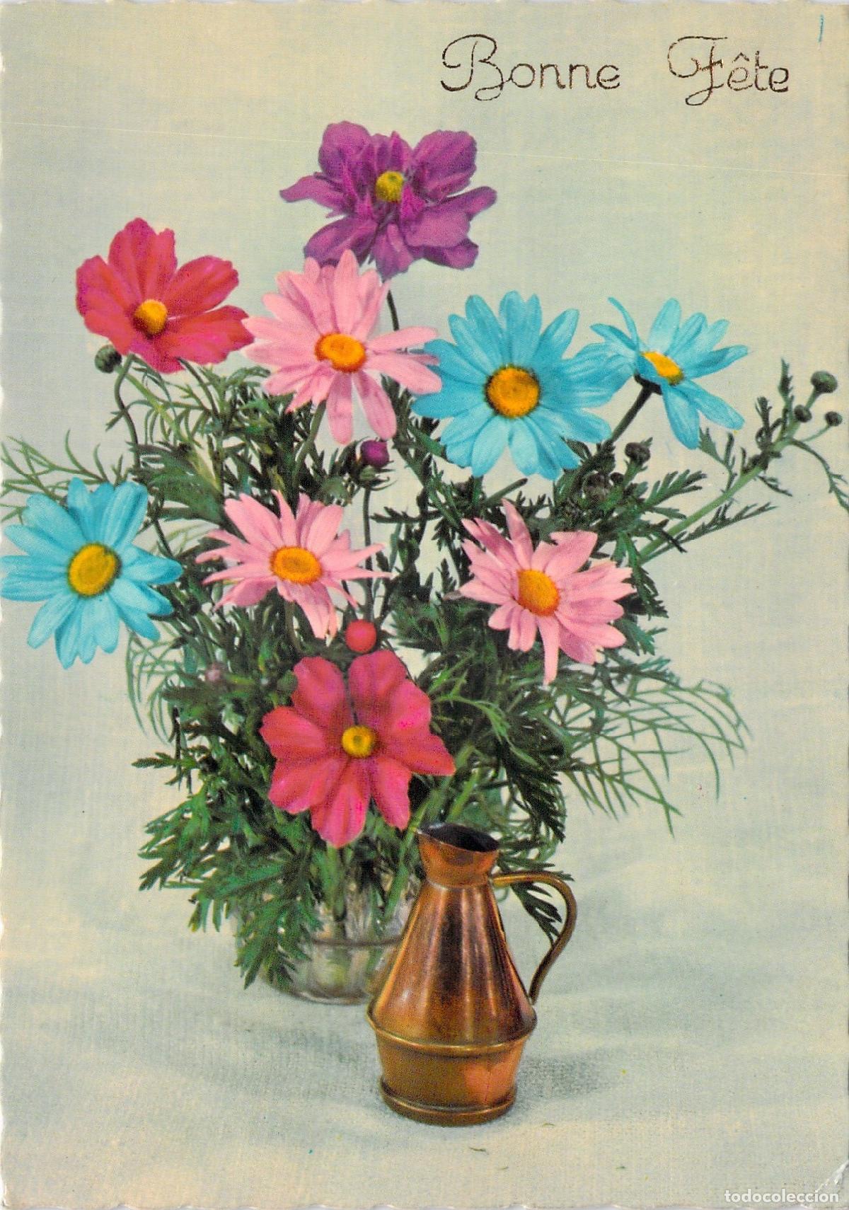 Cartoline: Postal de Felicitaci&oacute;n con Flores y Jarra de Cobre - Bonne F&ecirc;te